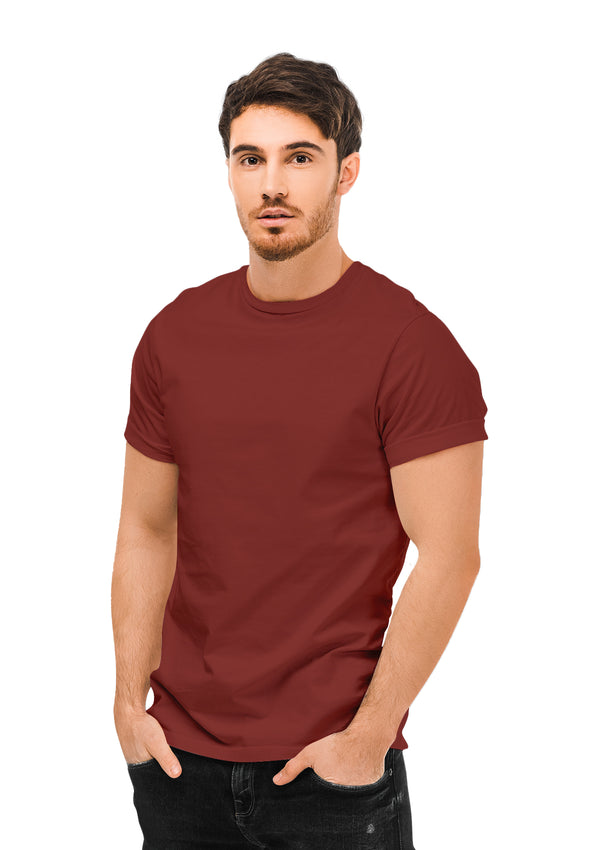 man modelling a short sleeve crew neck mens t-shirt in rust brown cotton from the Perfect TShirt Co