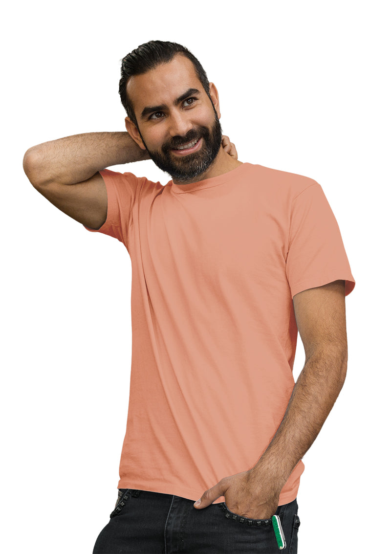 man modelling a short sleeve crew neck mens t-shirt in sunset orange from the Perfect TShirt Co.