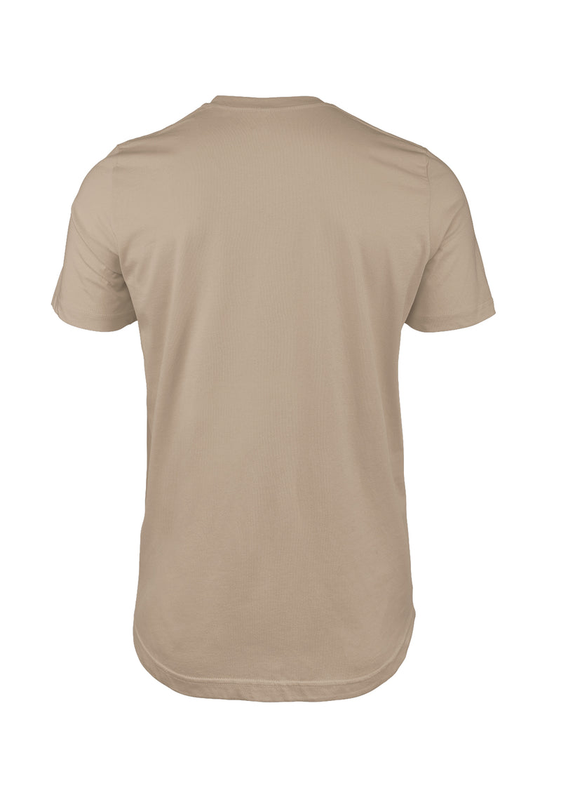 3D back view short sleeve crew neck mens t-shirt in tan brown cotton from the Perfect TShirt Co.