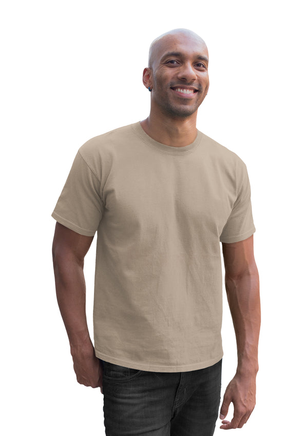 mens front view modelling a short sleeve crew neck mens t-shirt in tan brown cotton from the Perfect TShirt Co.