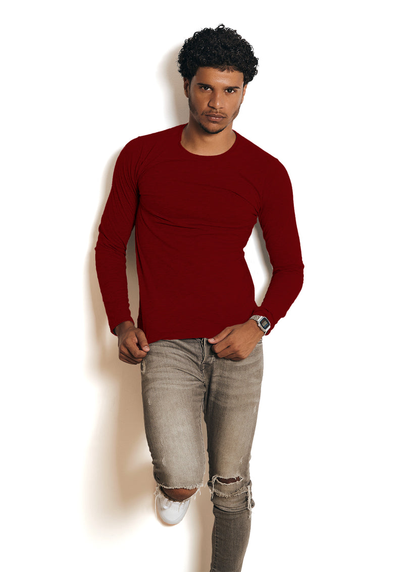 Mens T-Shirts Long Sleeve Blood Red Airlume Cotton