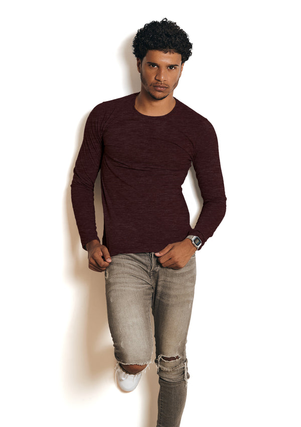 Mens T-Shirts Long Sleeve Crew Neck Maroon Red Triblend
