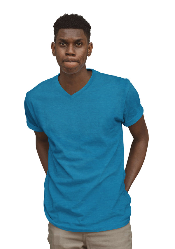 Mens T-Shirt Short Sleeve V-Neck Caribbean Blue Triblend