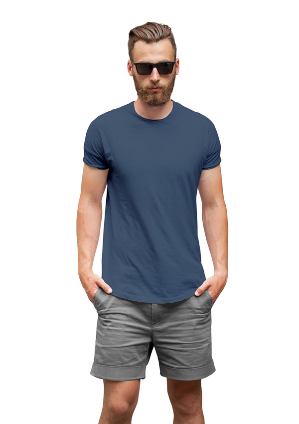 Mens T-Shirt Short Sleeve Crew Neck Steel Blue Cotton