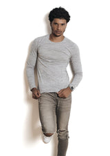 Mens T-Shirt Long Sleeve Crew Neck Ash Gray Cotton - Perfect TShirt Co