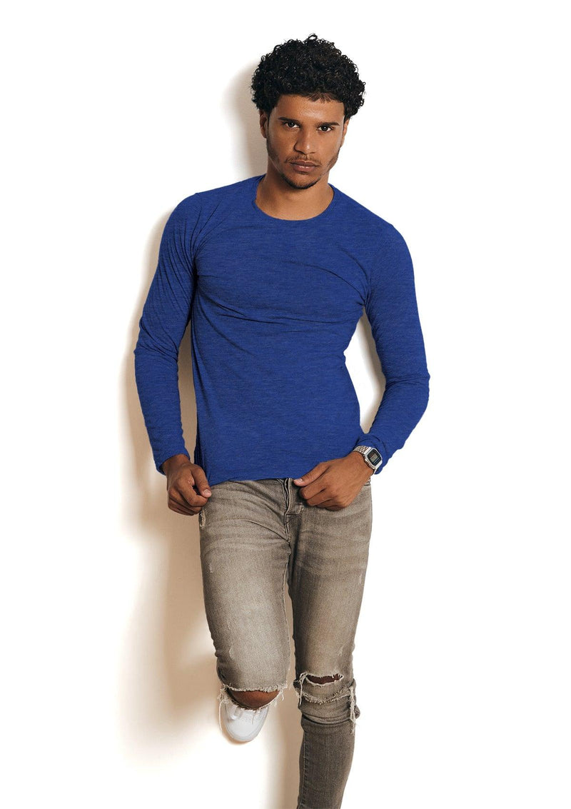 Mens T-Shirts Long Sleeve Crew Neck Royal Blue Tri-Blend - Perfect TShirt Co