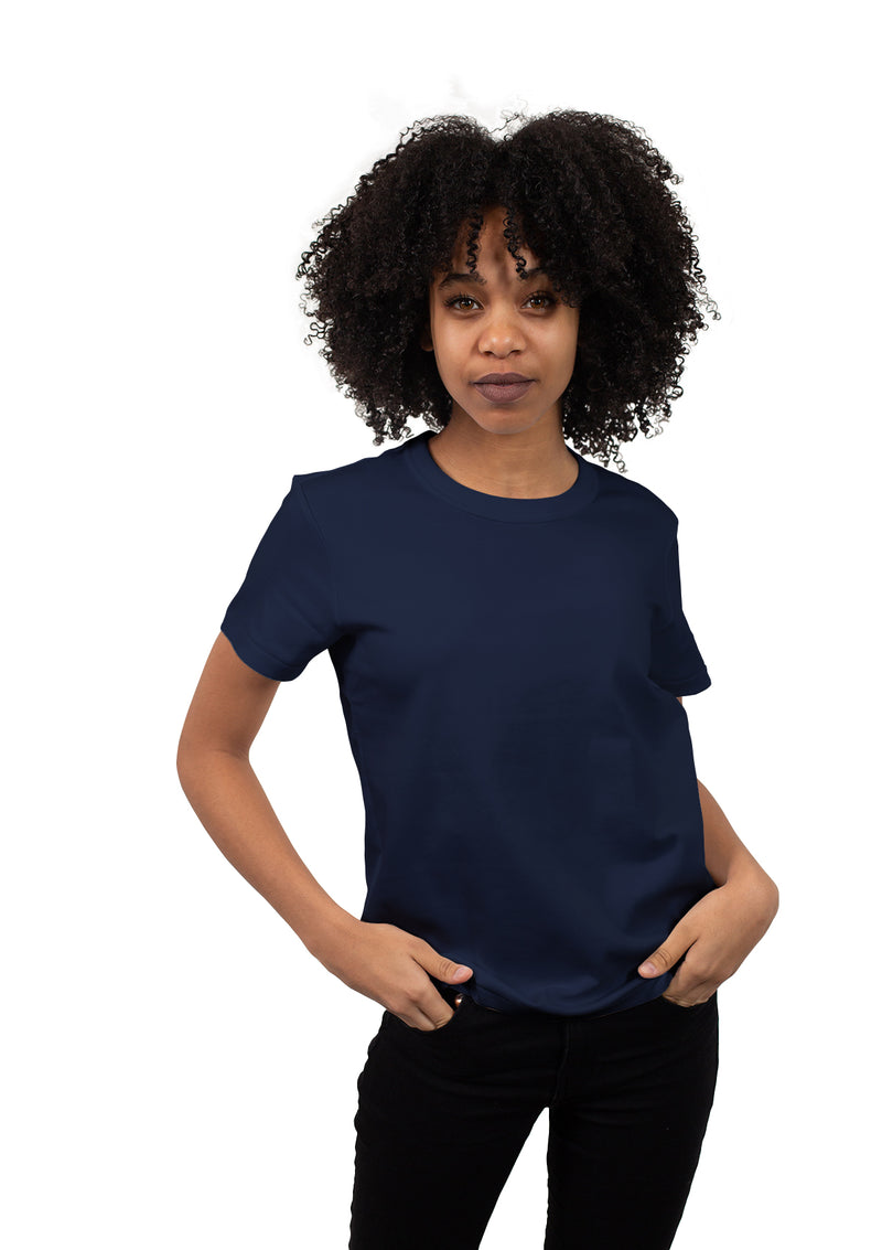 Women in a  Classic Navy Blue Short Sleeve Crew Neck T-Shirt from Perfect TShirt Co.