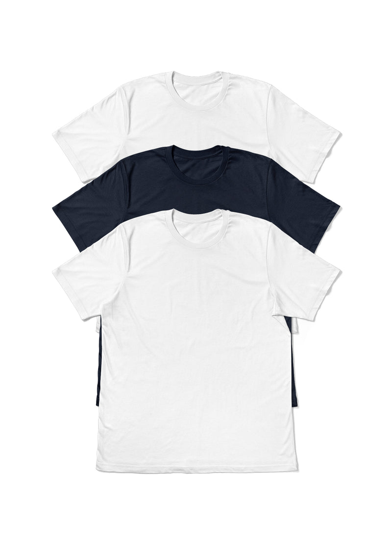 Mens T-Shirt 100% Cotton 3 Pack Bundle Navy Blue & White