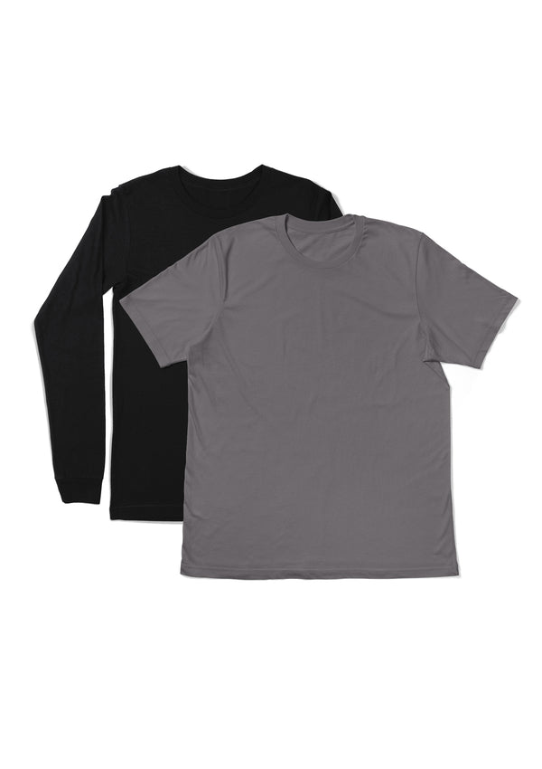 Mens T-Shirts Long & Short Sleeve 2 Pack Bundle Black Gray
